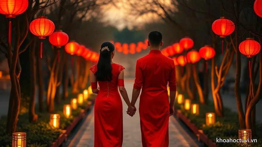 Cô dâu chú rể áo dài đỏ nắm tay đi giữa hàng đèn lồng — cưới hỏi hợp tuổi Ngọ