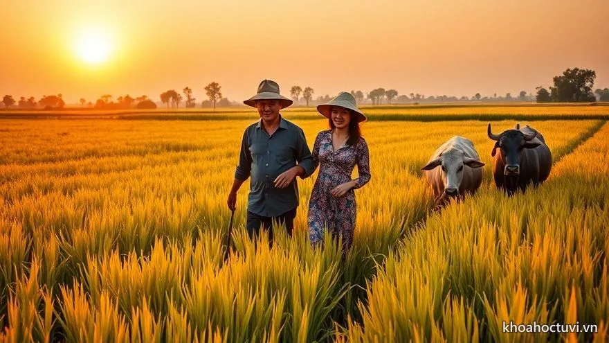 Vợ chồng tuổi Sửu cần cù bên thửa ruộng mùa gặt