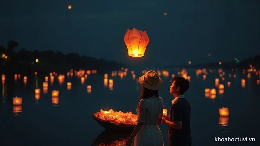 Đôi vợ chồng thả hoa đăng trên sông cầu duyên lành — hóa giải khi tuổi Sửu lệch tuổi bạn đời