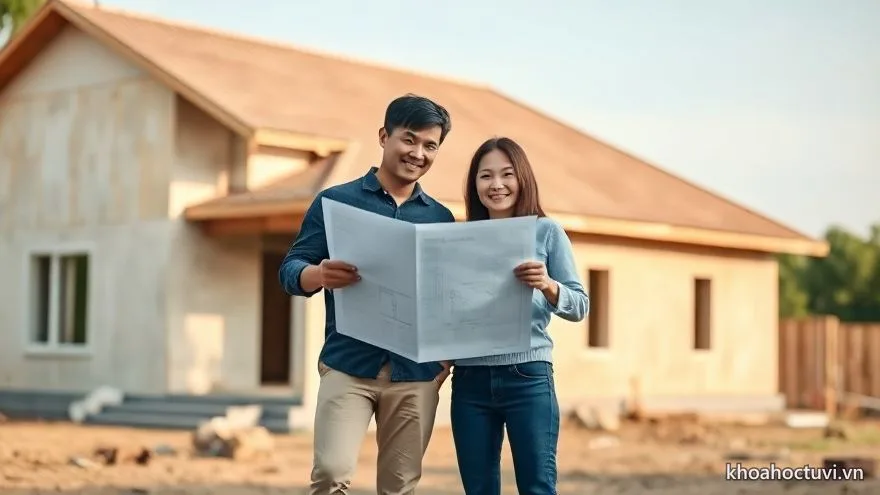 Vợ chồng tuổi Sửu cầm bản vẽ trước ngôi nhà đang xây dở