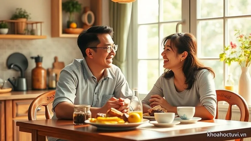 Vợ chồng tuổi Thân cười vang bên bàn ăn sáng đầy nắng