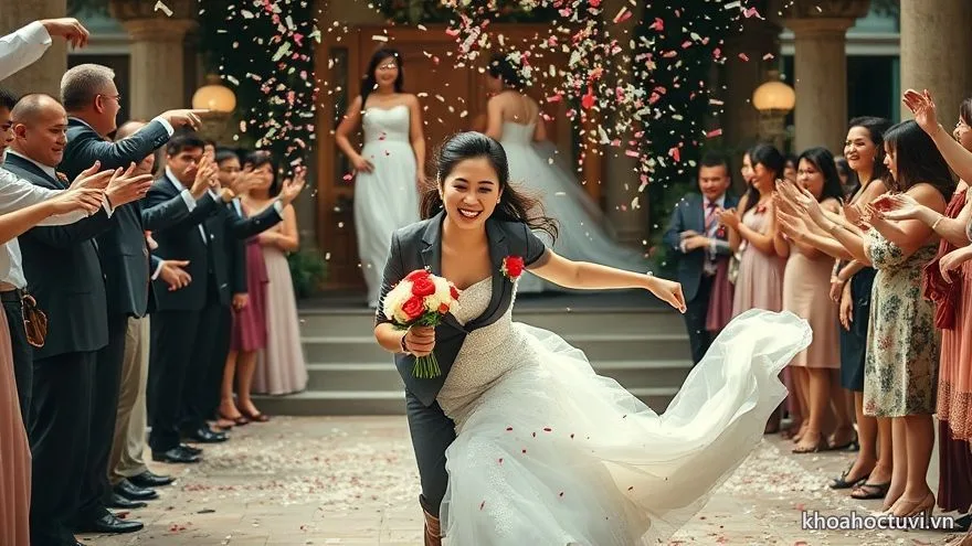 Cô dâu tuổi Thân tinh nghịch khoác vest chạy dưới cơn mưa hoa giấy