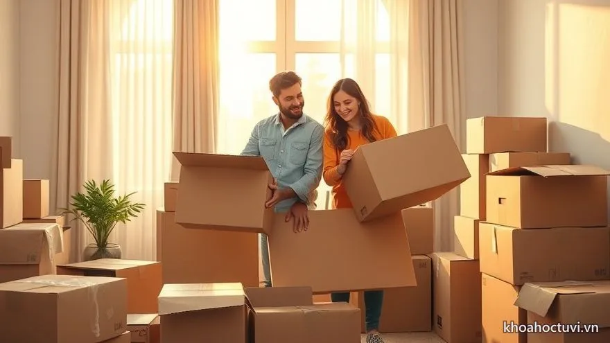 Vợ chồng cùng dọn thùng đồ vào căn hộ mới ngập nắng