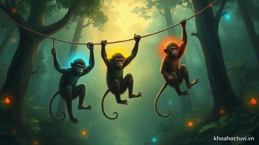 Ba chú khỉ mang ba vầng sáng khác màu đu dây giữa rừng huyền ảo — nạp âm tuổi Thân theo năm sinh