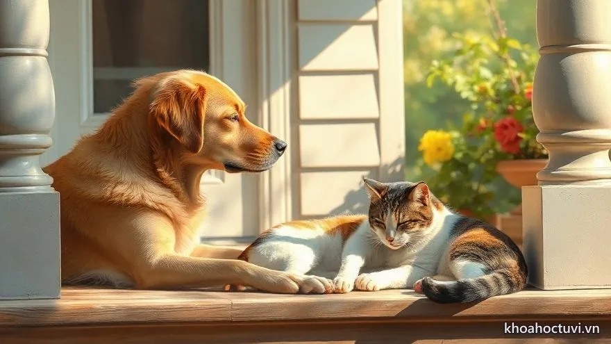 Chó vàng nằm canh cho mèo tam thể ngủ trên thềm nhà nắng — lục hợp Mão Tuất