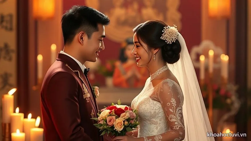 Cô dâu chú rể tuổi Tuất trao nhau ánh mắt tin cậy trong lễ gia tiên ấm cúng