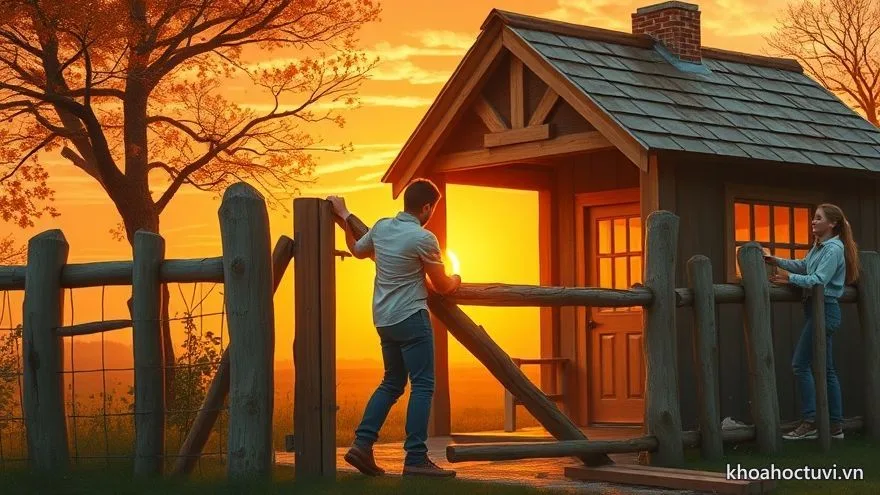 Vợ chồng cùng đóng cổng gỗ mới cho ngôi nhà nhỏ, hoàng hôn vàng phía sau