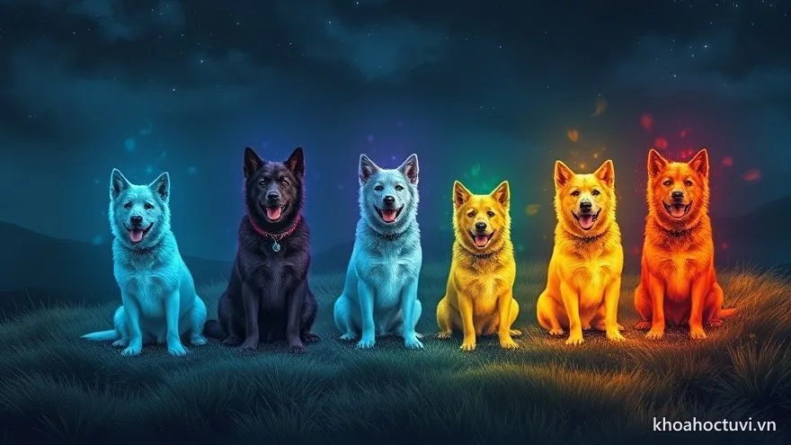 Đàn chó mang những vầng sáng khác màu ngồi thành hàng trên đồi cỏ đêm — nạp âm tuổi Tuất theo năm sinh