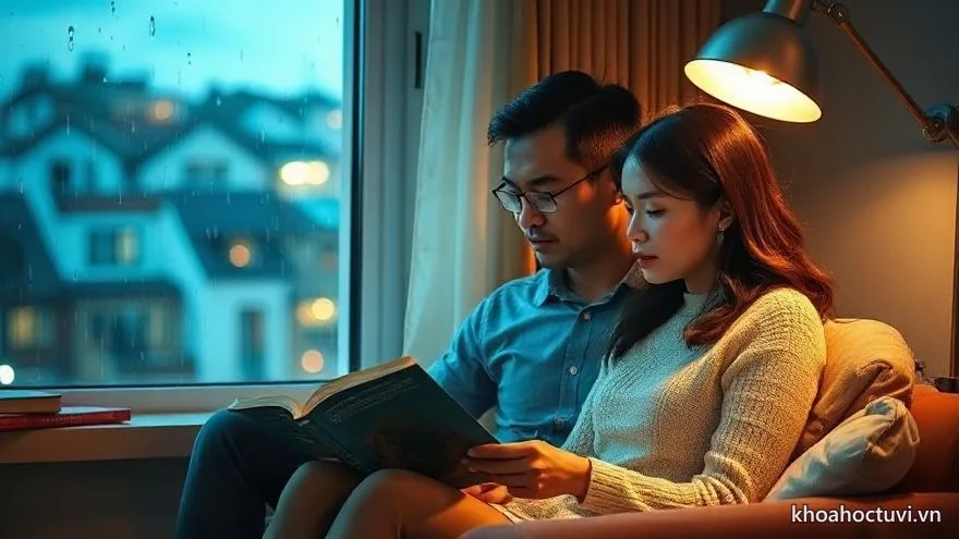Vợ chồng tuổi Tỵ lặng lẽ đọc sách bên nhau chiều mưa