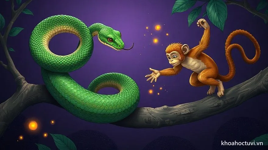 Rắn xanh và khỉ vàng nô đùa trên cành cổ thụ — lục hợp Tỵ Thân
