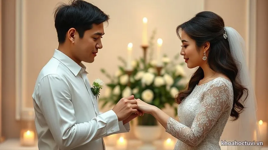 Chú rể trao nhẫn cưới cho cô dâu hợp tuổi Tỵ