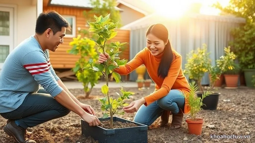 Vợ chồng trồng cây trước nhà mới — hóa giải khi tuổi Tỵ nên duyên với người chưa hợp tuổi