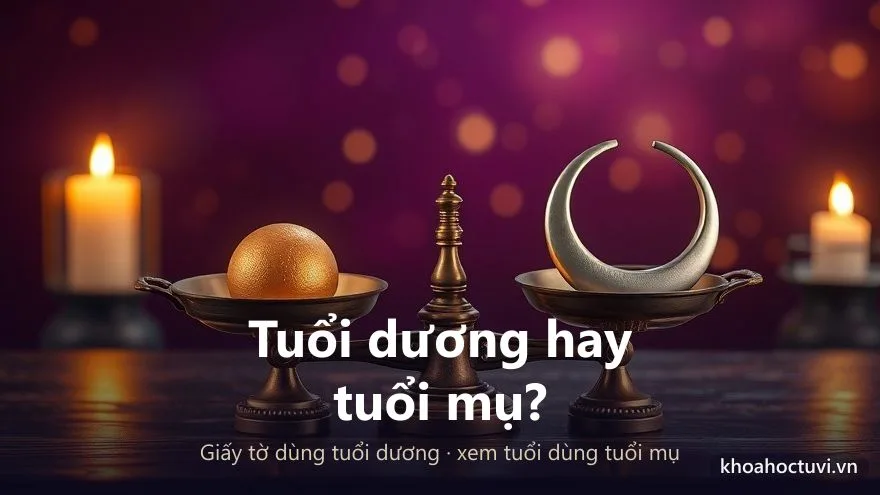 Cân thăng bằng đặt mặt trời một bên và trăng lưỡi liềm một bên — ẩn dụ cân nhắc dùng tuổi dương hay tuổi mụ