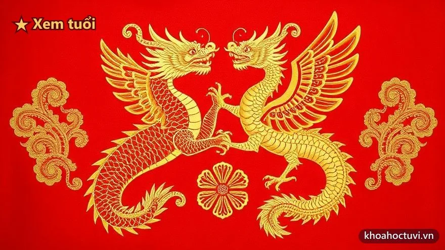 Rồng và phượng vàng quấn quýt hài hòa trên nền lụa đỏ chữ Song Hỷ — biểu tượng đôi lứa hợp tuổi, thuận hòa