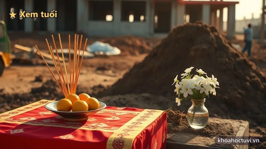 Mâm lễ động thổ tại công trường: bát hương, đĩa cam, bình hoa trắng trên khăn đỏ vàng bên ụ đất — nghi lễ khởi công làm nhà
